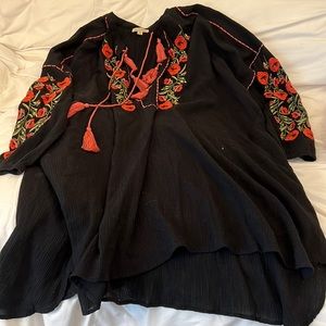 Les Cocotiers black crepe dress/coverup tassels,embroidered floral detail. XS